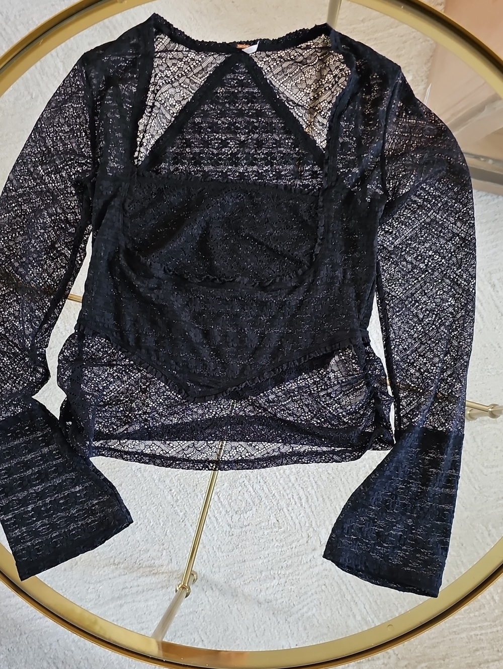 Free People Black Sheer Lace Long Sleeve Blouse